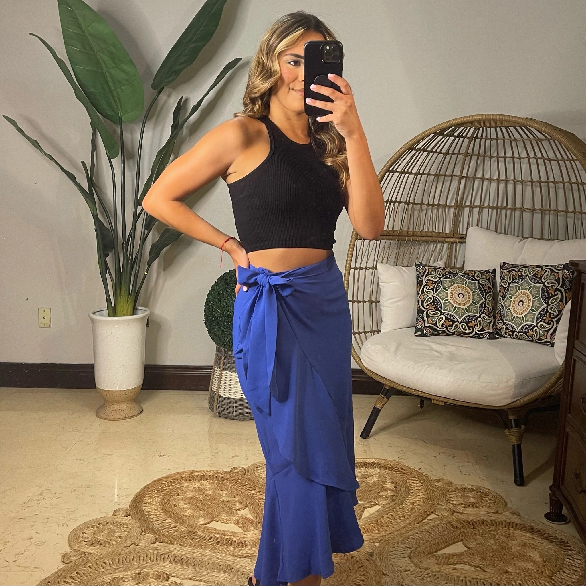 Blue Wrap Skirt Bliss: Effortless Style, Endless Confidence.